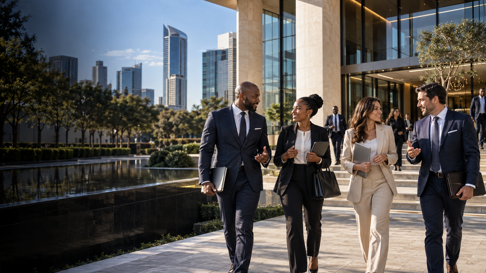 Financial-services professionals outside a modern business centre